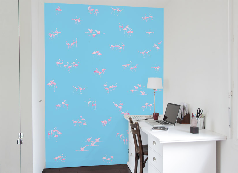 Papier peint Flamants Roses fond Bleu Medium