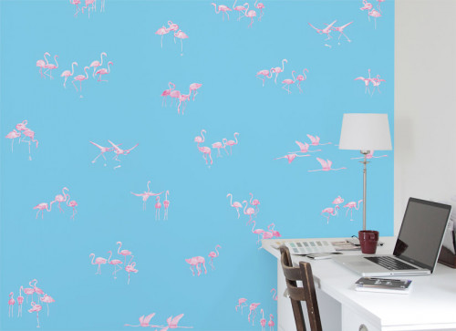 Papier peint Flamants Roses fond Bleu Medium