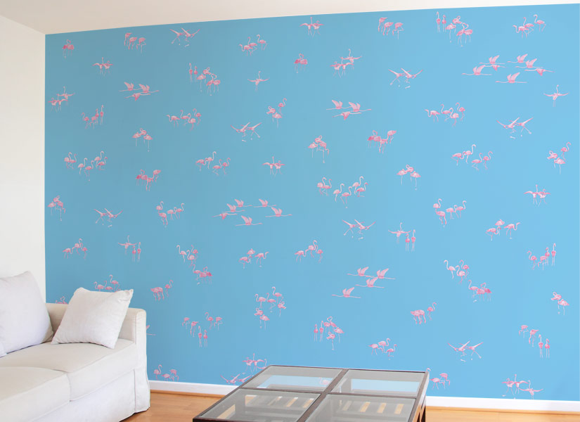 Papier peint Flamants Roses fond Bleu Panoramique