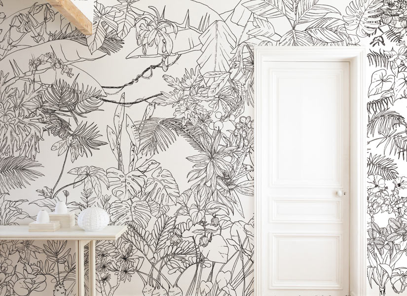 Panneau Mural jungle XXL imprimé en noir et blanc sur toile coton