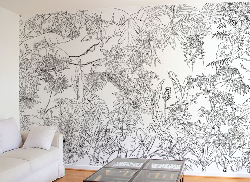 Panneau Mural jungle XXL imprimé en noir et blanc sur toile coton